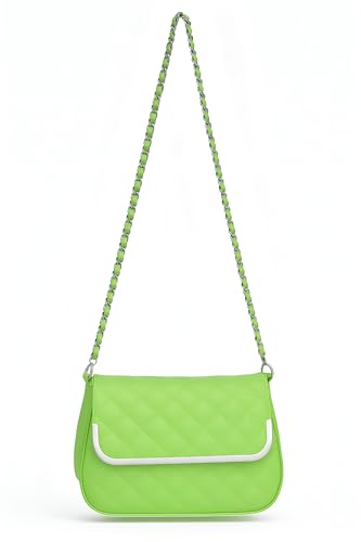 Eye Catch Faux Leder Schultertasche mit Stepp oder Krokoprägung, Patent Look, Kettenriemen & Magnetklappe – Crossbody/Schultertasche (Style 1 Lime Green) von Eye Catch