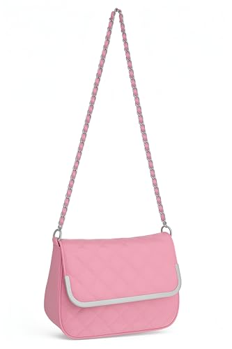 Eye Catch Faux Leder Schultertasche mit Stepp oder Krokoprägung, Patent Look, Kettenriemen & Magnetklappe – Crossbody/Schultertasche (Style 1 Pink) von Eye Catch