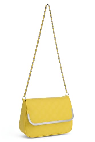 Eye Catch Faux Leder Schultertasche mit Stepp oder Krokoprägung, Patent Look, Kettenriemen & Magnetklappe – Crossbody/Schultertasche (Style 1 Yellow) von Eye Catch