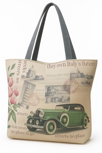 Eye Catch Foldable Reusable Canvas Shopper Tasche mit Reißverschluss – Vintage London & Paris Print – Öko Einkaufstasche faltbar für Damen (Italien Vintage Grünes Auto, 1) von Eye Catch