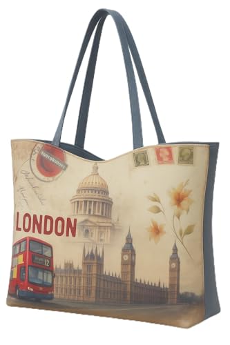 Eye Catch Foldable Reusable Canvas Shopper Tasche mit Reißverschluss – Vintage London & Paris Print – Öko Einkaufstasche faltbar für Damen (London Big Ben & Bus, 1) von Eye Catch