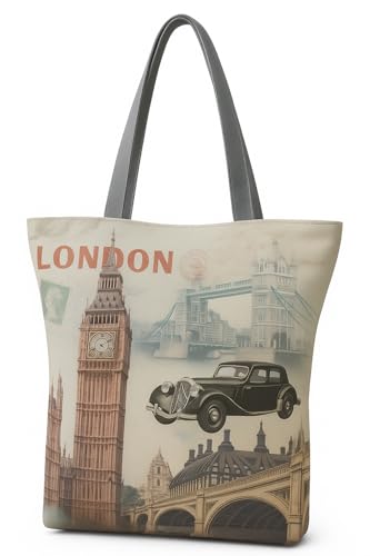 Eye Catch Foldable Reusable Canvas Shopper Tasche mit Reißverschluss – Vintage London & Paris Print – Öko Einkaufstasche faltbar für Damen (London Big Ben & Oldtimer, 1) von Eye Catch