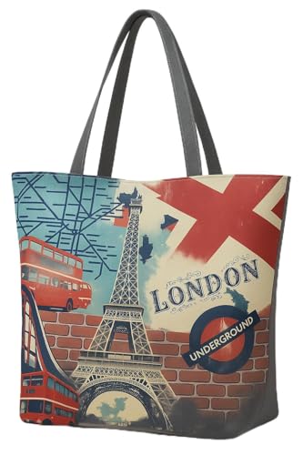 Eye Catch Foldable Reusable Canvas Shopper Tasche mit Reißverschluss – Vintage London & Paris Print – Öko Einkaufstasche faltbar für Damen (London U-Bahn & Flagge, 1) von Eye Catch