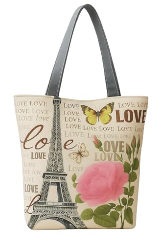 Eye Catch Foldable Reusable Canvas Shopper Tasche mit Reißverschluss – Vintage London & Paris Print – Öko Einkaufstasche faltbar für Damen (Paris Eiffelturm mit Liebe & Schmetterlingen, 1) von Eye Catch