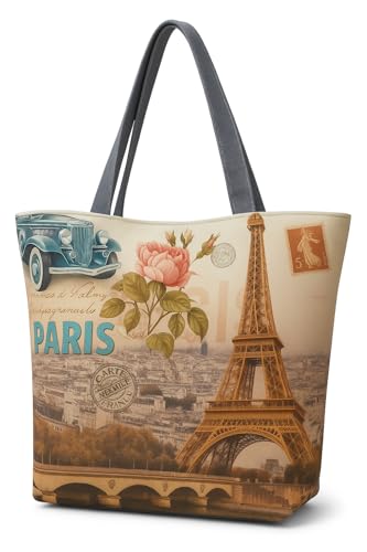 Eye Catch Foldable Reusable Canvas Shopper Tasche mit Reißverschluss – Vintage London & Paris Print – Öko Einkaufstasche faltbar für Damen (Paris Eiffelturm mit Oldtimer, 1) von Eye Catch