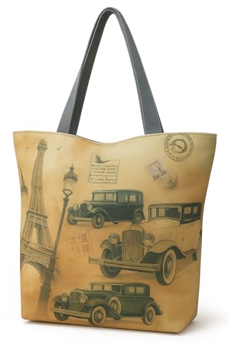 Eye Catch Foldable Reusable Canvas Shopper Tasche mit Reißverschluss – Vintage London & Paris Print – Öko Einkaufstasche faltbar für Damen (Paris Eiffelturm mit Oldtimern, 1) von Eye Catch