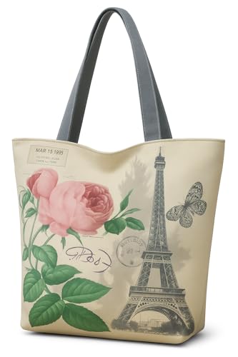 Eye Catch Foldable Reusable Canvas Shopper Tasche mit Reißverschluss – Vintage London & Paris Print – Öko Einkaufstasche faltbar für Damen (Paris Eiffelturm mit Rose & Schmetterling, 1) von Eye Catch