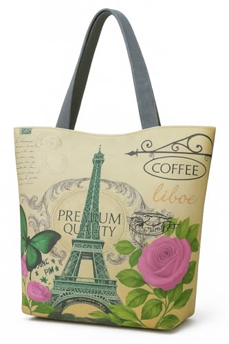 Eye Catch Foldable Reusable Canvas Shopper Tasche mit Reißverschluss – Vintage London & Paris Print – Öko Einkaufstasche faltbar für Damen (Paris Eiffelturm mit Rosen & Kaffee, 1) von Eye Catch