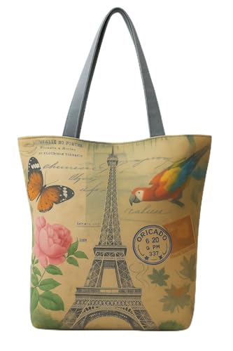 Eye Catch Foldable Reusable Canvas Shopper Tasche mit Reißverschluss – Vintage London & Paris Print – Öko Einkaufstasche faltbar für Damen (Paris Eiffelturm mit Schmetterling & Papagei, 1) von Eye Catch