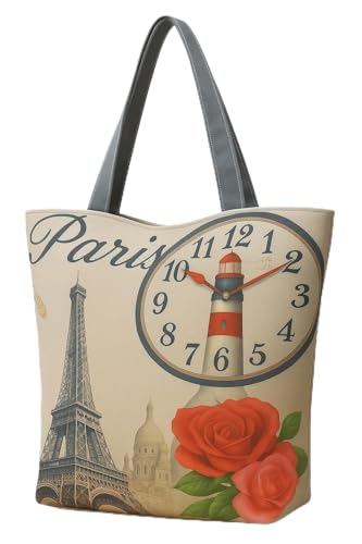 Eye Catch Foldable Reusable Canvas Shopper Tasche mit Reißverschluss – Vintage London & Paris Print – Öko Einkaufstasche faltbar für Damen (Paris Eiffelturm mit Uhr & Rosen, 1) von Eye Catch