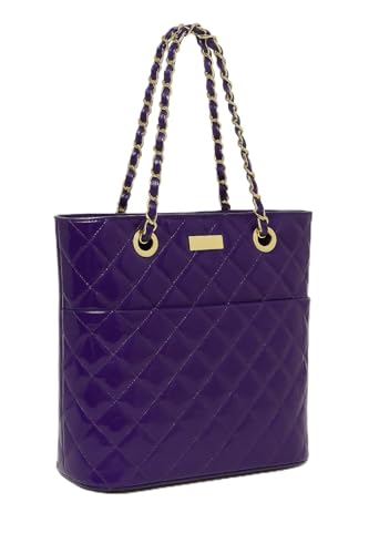 Eye Catch Große gesteppt Lack Schultertasche für Damen – Tote mit Kettengriffen, Reißverschluss, Magnetfach – Luxus Alltags Business Handtasche (Rot oder Violett) (Violett) von Eye Catch