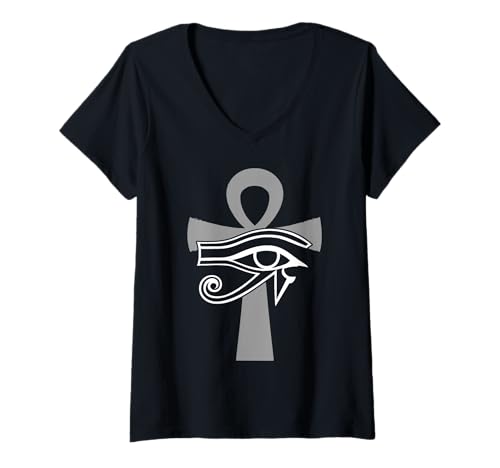 Damen Auge des Horus und Ankh Ägyptischer Gott | Ägypten Mythologie alt T-Shirt mit V-Ausschnitt von Eye of Horus Egyptian Mythology ancient Apparel