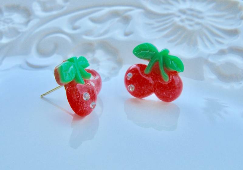 Kirsch Ohrringe, Kawaii Schmuck, Obst Lebensmittel Schmuck von EyeCandiByCandi