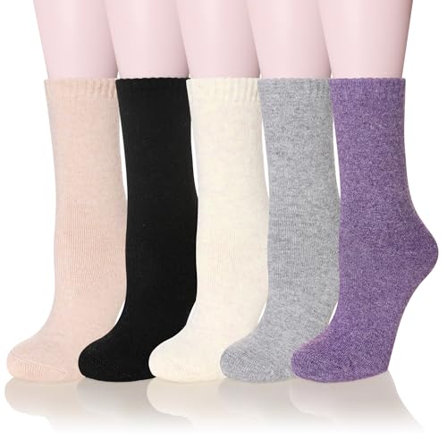 Eyean Damen Wollsocken, verdickt, Winter, gemütlich, warm, Wandern, weiche Thermostiefel, Crew-Socken, 5 Paar, Einfarbige, Einheitsgröße von Eyean