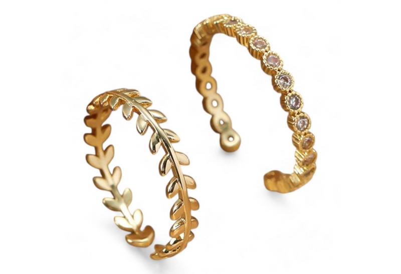 Eyecatcher Fingerring Lorbeerblatt und Zirkonia 2er Ring Set goldfarben, Größenverstellbar, Lorbeerkranz, Zirkonia Ring von Eyecatcher