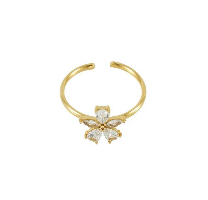 Eyecatcher Fingerring Offener Blumen Ring mit weißen Edelsteinen vergoldet Onesize, Offen, Einstellbar von Eyecatcher