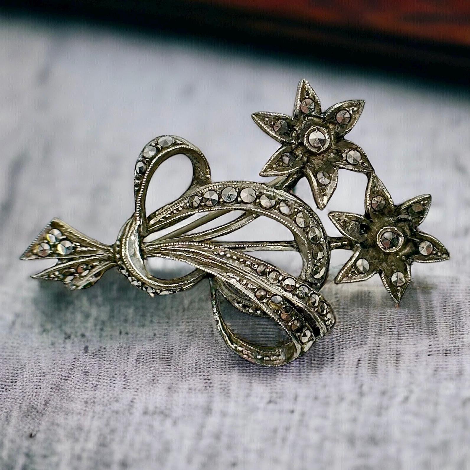 Blumen Brosche Echt Silber Markasiten Jugendstil Silberbrosche Vintage Luxus Elegant Exklusiv Selten Rar Rarität Zeitlos Retro von EyecatchersJuwellery