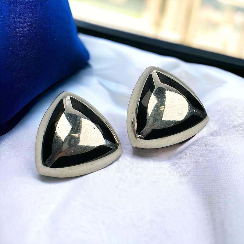 Design Ohr Clips Groß 925Er Silber Ohrringe Ohrclips Vintage Retro Eyecatcher Geschenk Damen Dreieckig Schwarz Silber von EyecatchersJuwellery