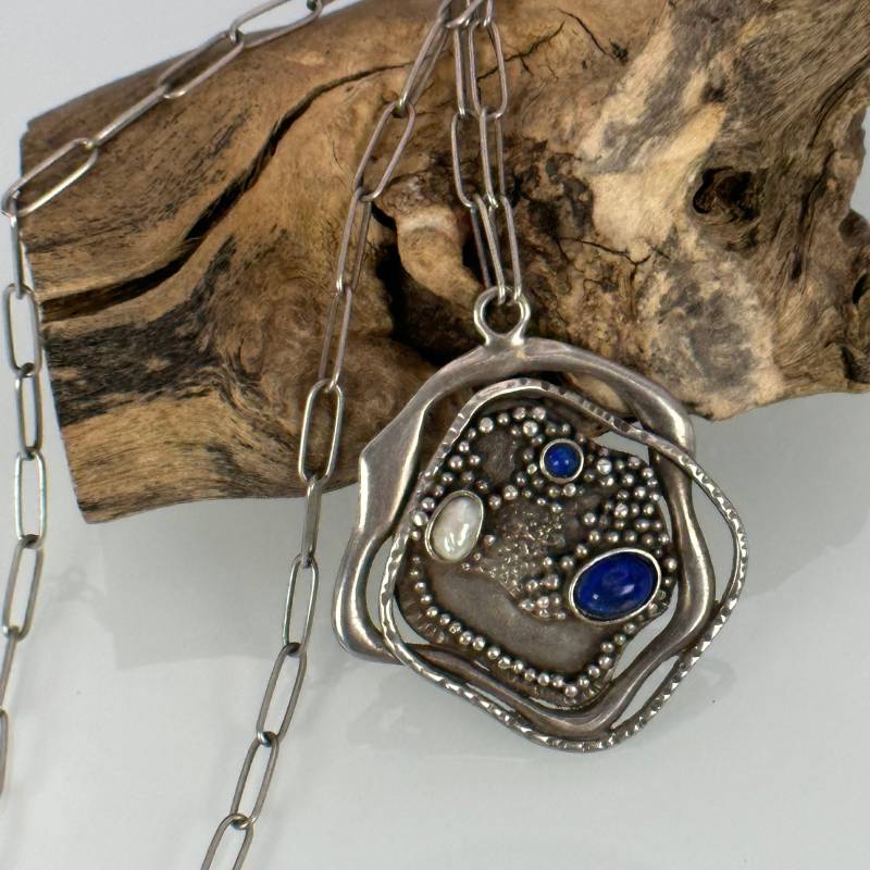 Lapislazuli Kettenanhänger Echt Silber 69cm Kette Vintage Designer Patina Alt Retro Anhänger Perle Exklusiver Eyecatcher Designerstück von EyecatchersJuwellery