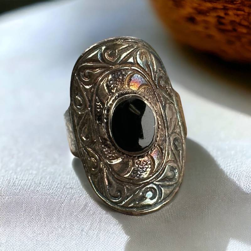 Onyx Ring 925Er Silber Damen Vintage Edelstein 18, 5mm Gr. 58 Silberring Geschenk Exklusiv Eyecatcher Rarität Retro Zeitlos Modern Design von EyecatchersJuwellery