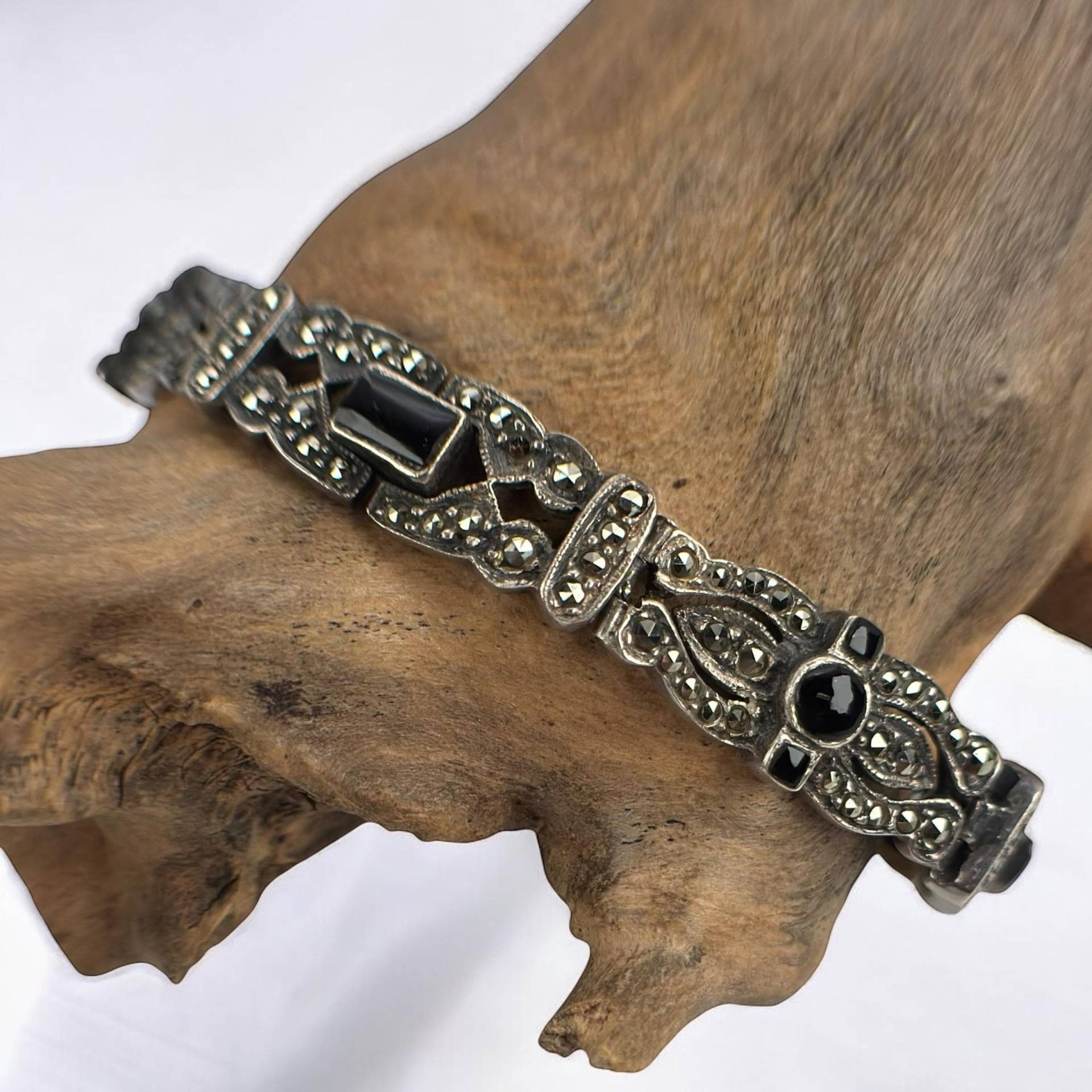 Retro Armband 925Er Silber 17cm Vintage Patina 11mm Breit Geschenk Design Edel Zeitlos Onyx Markasiten Alt Luxus Fashion Rarität von EyecatchersJuwellery