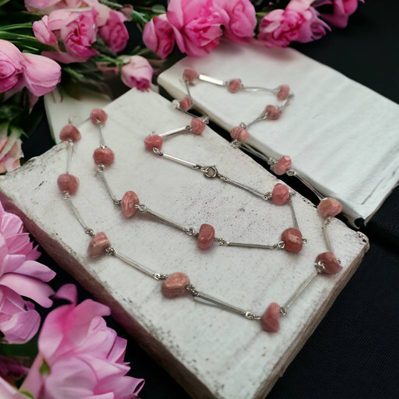 Vintage Silberkette Ca. 90cm Lang 835Er Silber Geschenk Alt Rhodochrosit Kette Eyecatcher Patina Exklusiv Design Edelsteine Retro von EyecatchersJuwellery