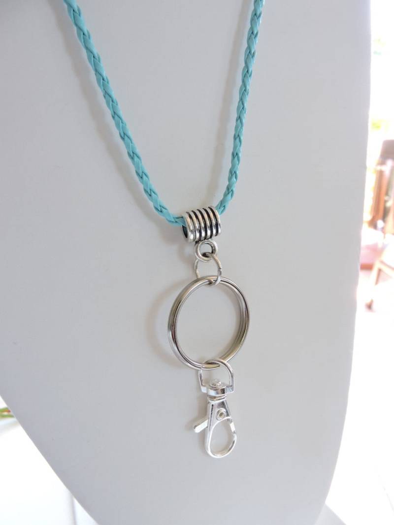 Geflochtenem Leder Aqua Abzeichen Clip Holder Lanyard, Id Arbeit Badge Holder, Geflochtenes Foto von EyeglassLanyards