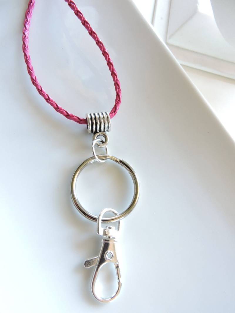 Geflochtenem Leder Rosa Abzeichen Clip Holder Lanyard, Id Arbeit Badge Holder, Geflochtenes Foto von EyeglassLanyards