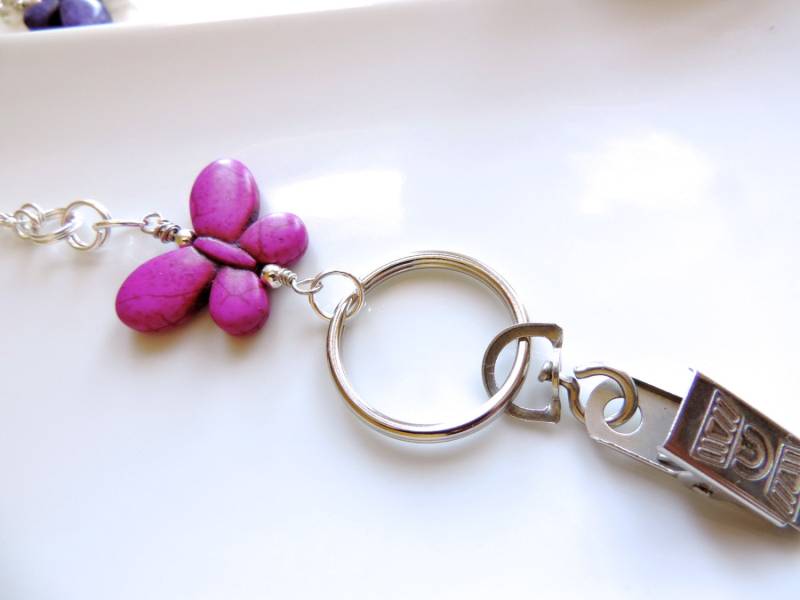 Silber-Abzeichen Clip Schlüsselhalter, Silber Schlüsselanhänger Türkis Lila Schmetterling Lanyard, Kette Id Plakettenhalter von EyeglassLanyards