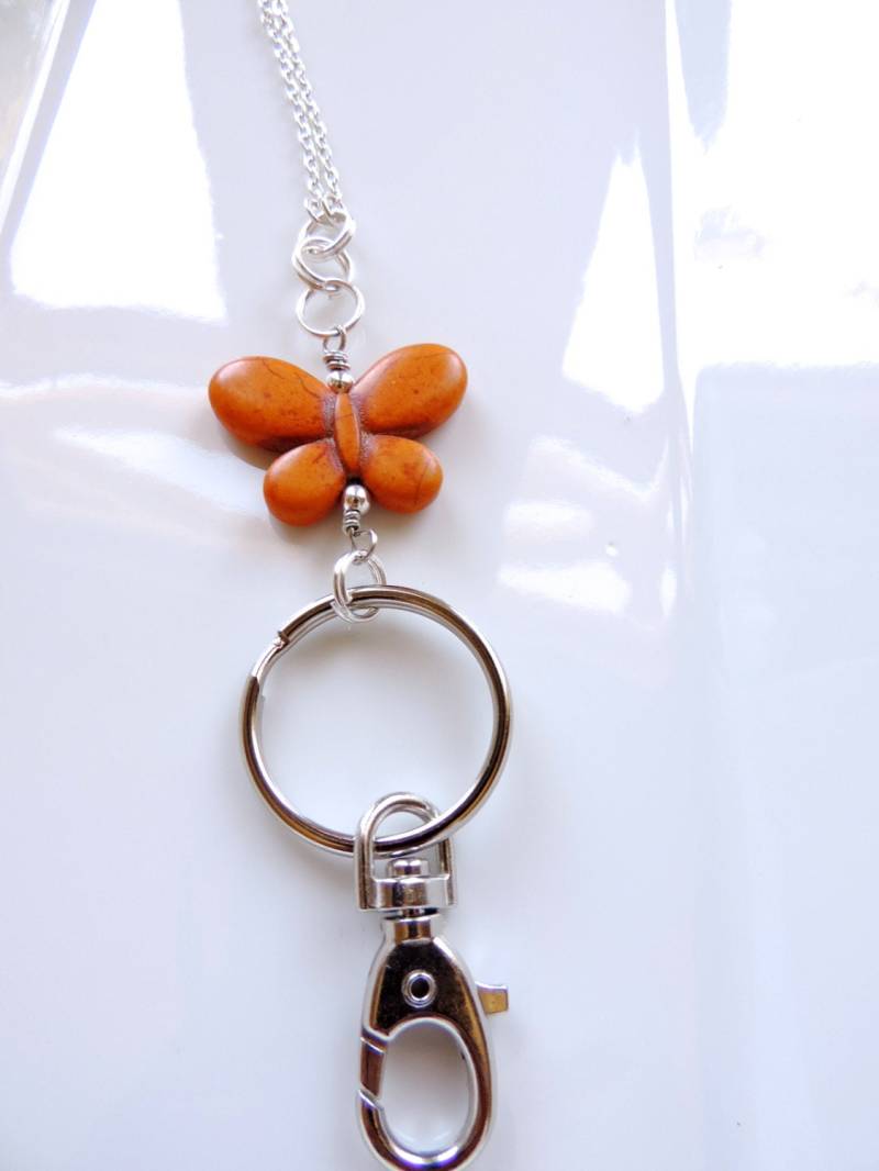 Silber-Abzeichen Schlüsselhalter, Türkis Burnt Orange Schmetterling Id Plakettenhalter, Holder Lanyard, Foto-Schlüsselhalter von EyeglassLanyards