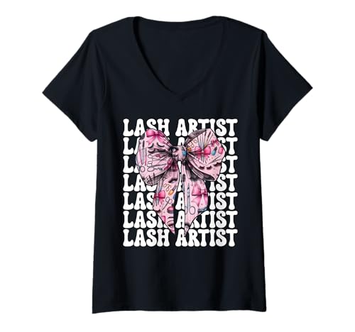 Damen Lash Artist Lash Tech Wimperntechniker Mädchen Mama Kokette T-Shirt mit V-Ausschnitt von Eyelash Lash Stylist Artist Coquette Bow Gifts