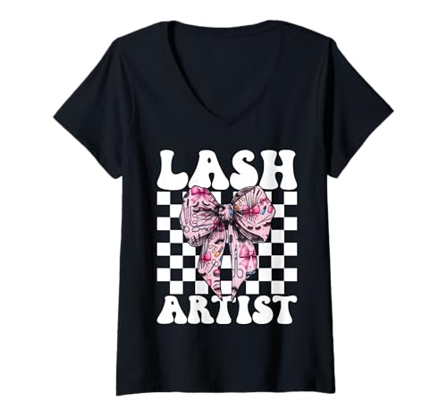 Damen Lash Artist Lash Tech Wimperntechniker Mädchen Mama Kokette T-Shirt mit V-Ausschnitt von Eyelash Lash Stylist Artist Coquette Bow Gifts