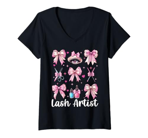 Damen Lash Artist Lash Tech Wimperntechniker Mädchen Mama Kokette T-Shirt mit V-Ausschnitt von Eyelash Lash Stylist Artist Coquette Bow Gifts