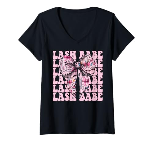 Damen Lash Babe Lash Tech Wimperntechniker Mädchen Kokette Schleife T-Shirt mit V-Ausschnitt von Eyelash Lash Stylist Artist Coquette Bow Gifts