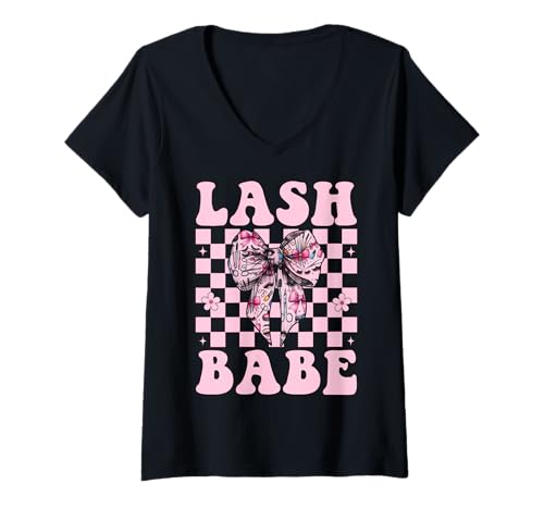 Damen Lash Babe Lash Tech Wimperntechniker Mädchen Kokette Schleife T-Shirt mit V-Ausschnitt von Eyelash Lash Stylist Artist Coquette Bow Gifts