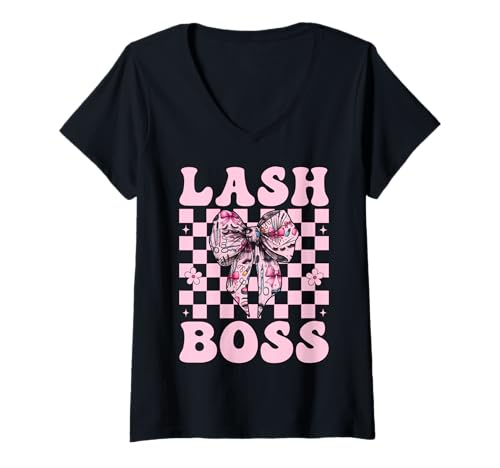 Damen Lash Boss Lash Tech Wimperntechniker Mädchen Mama Kokette T-Shirt mit V-Ausschnitt von Eyelash Lash Stylist Artist Coquette Bow Gifts