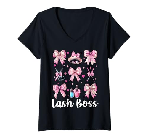 Damen Lash Boss T-Shirt mit V-Ausschnitt Damen Lash Boss T-Shirt mit V-Ausschnitt von Eyelash Lash Stylist Artist Coquette Bow Gifts