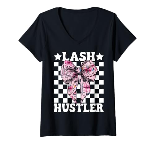 Damen Lash Hustler Lash Tech Wimperntechniker Mädchen Mama Kokette T-Shirt mit V-Ausschnitt von Eyelash Lash Stylist Artist Coquette Bow Gifts