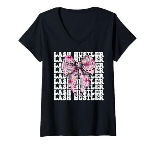 Damen Lash Hustler Lash Tech Wimperntechniker Mädchen Mama Kokette T-Shirt mit V-Ausschnitt von Eyelash Lash Stylist Artist Coquette Bow Gifts