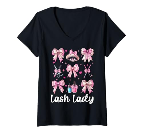 Damen Lash Lady Lash Tech Wimperntechniker Mädchen Mama Kokette T-Shirt mit V-Ausschnitt von Eyelash Lash Stylist Artist Coquette Bow Gifts