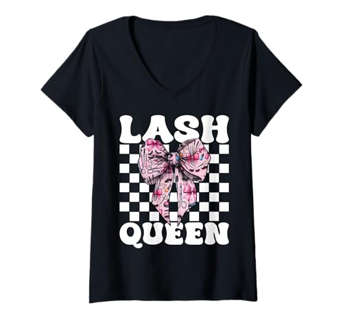 Damen Lash Queen Lash Tech Wimperntechniker Mädchen Mama Kokette T-Shirt mit V-Ausschnitt von Eyelash Lash Stylist Artist Coquette Bow Gifts