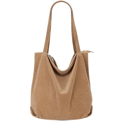 Cord Tote Tasche Damen Umhängetasche mit Reißverschluss Groß Shopper tasche damen Große Tote Bag Crossbody Schultertasche Handtasche für Arbeit Büro Reise Einkauf Schule und Alltag (Khakifarbe) von Eyeleaf