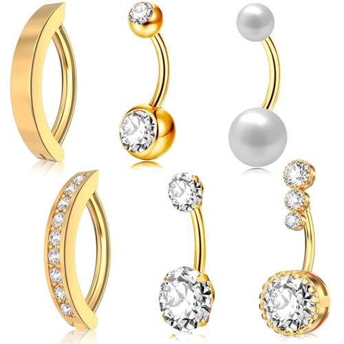 Eyezeeption 6 Stück Bauchnabelpiercing Chirurgenstahl 10mm 12mm Stablänge Bauchnabelpiercing Gold mit Perlen Strass Bauchnabel Piercing Titan Clip Geschenk für Frauen Schmuck von Eyezeeption