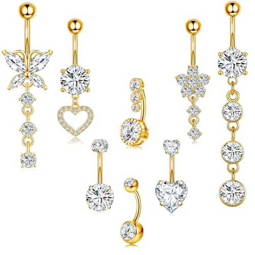 Eyezeeption 8 Stück Bauchnabelpiercing - Chirurgenstahl 10mm 12mm Stablänge, Gold Mit Strass, Titan Clip, Herz - Frauen Schmuck von Eyezeeption