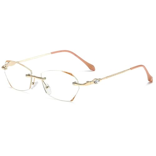 Eyglajdd Randlose Damen Lesebrille,Blaulichtfilter Brille Metall Material Federscharniere Lesebrille Lesehilfe Gold +2,00 von Eyglajdd