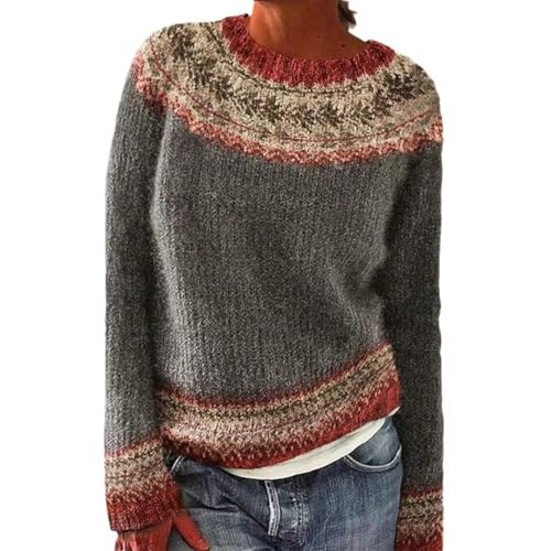 Damen Herbst Winter Pullover Strickpullover Rundhals Langarm Pulli Sweatshirt mit Blumenmuster Aufdruck Warmer Sweater Oberteile (DE/NL/SE/PL, Alphanumerisch, S, Regular, Regular, Dunkelbraun) von Eyhooke