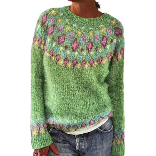 Damen Herbst Winter Pullover Strickpullover Rundhals Langarm Pulli Sweatshirt mit Blumenmuster Aufdruck Warmer Sweater Oberteile (DE/NL/SE/PL, Alphanumerisch, XXL, Regular, Regular, Gründruck) von Eyhooke
