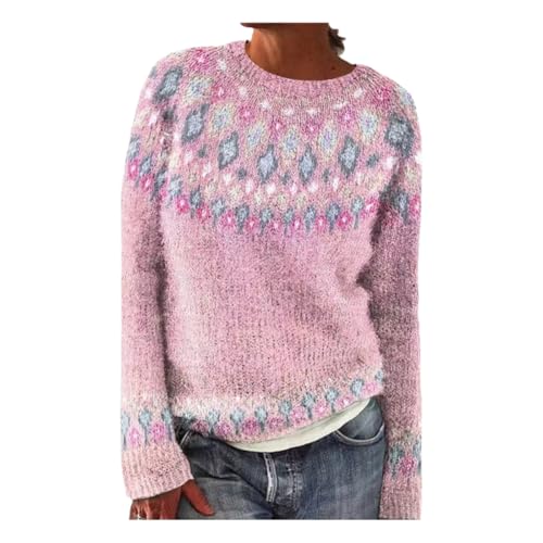 Damen Herbst Winter Pullover Strickpullover Rundhals Langarm Pulli Sweatshirt mit Blumenmuster Aufdruck Warmer Sweater Oberteile (DE/NL/SE/PL, Alphanumerisch, XXL, Regular, Regular, Rosadruck) von Eyhooke