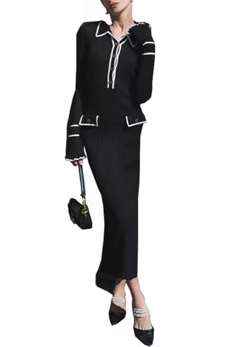 Damen Herbst Winter Strickkleid Pulloverkleid Rüsche Langarm Revers Knöpfe Kleider Lang Bodycon Knit Midikleid Partykleid Cocktailkleid (DE/NL/SE/PL, Alphanumerisch, M, Regular, Regular, Schwarzweiß) von Eyhooke