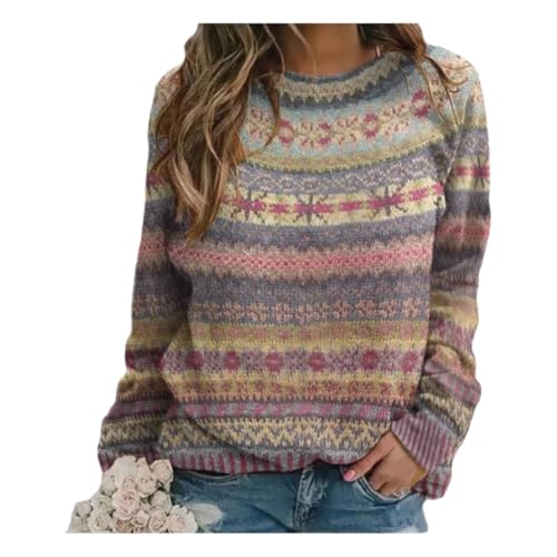 Eyhooke Damen Herbst Winter Pullover Strickpullover Rundhals Langarm Pulli Sweatshirt mit Blumenmuster Aufdruck Warmer Sweater Oberteile (DE/NL/SE/PL, Alphanumerisch, L, Regular, Regular, Braun) von Eyhooke